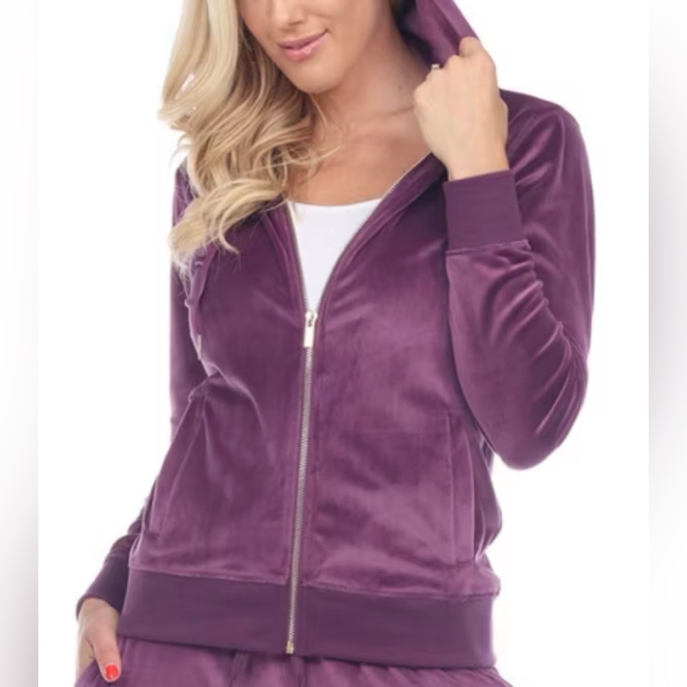 White Mark Women's Purple Velvet Zip Up Hoodie Jacket